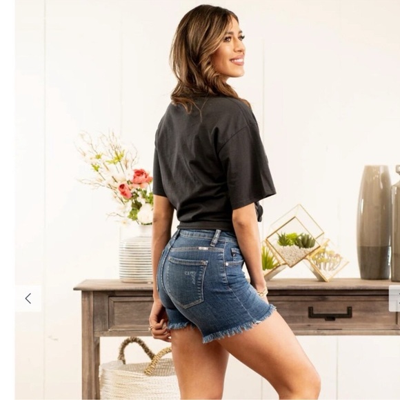 KanCan High Rise Frayed Hem Distressed Jean Shorts Dark Blue Size Small - Picture 2 of 10